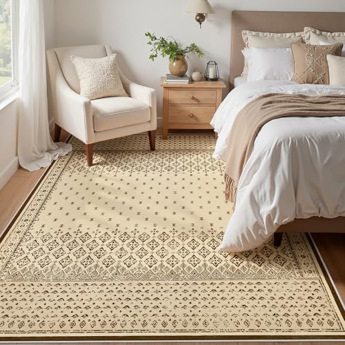 Joydeco Vintage Beige Bedroom Rug, Washable 5x7 Rugs for Living Room Non Slip, Boho Geometric Ultra-Thin Soft Indoor Floor Throw Carpet for Nursery Entryway Bathroom Dorm Foyer - color: Beige, size: 4'11" x 6'11" (Rectangular)
