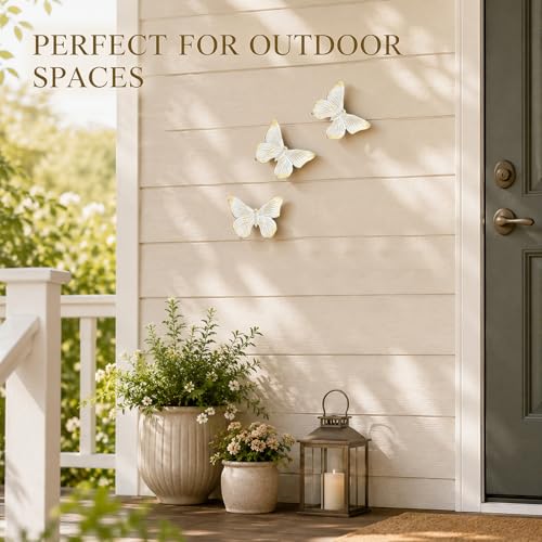 GUSFREUD 3D Butterfly Wall Decor Set – Resin Wall Decorations for Living Room, Bedroom, Garden, Yard, Outdoor and Gallery Walls - Ivory Gold - Set of 3 - color: white