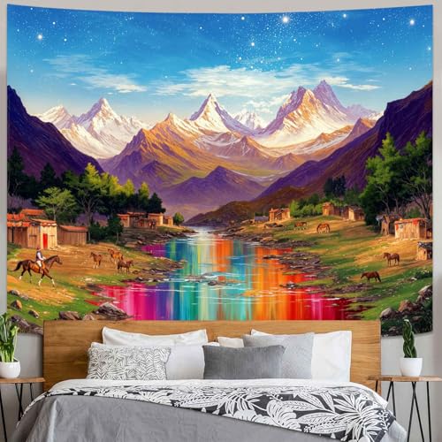 Wegklazax Rainbow River Tapestry, Fantasy Scenic Wall Art for Room Decor, Vibrant Nature Home Decor 60" L x 44" W - color: Blue Red, size: 60"L x 44"W