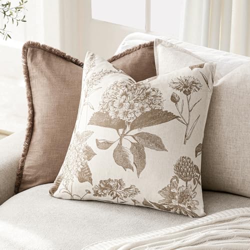 Foindtower Set of 2 Linen Floral Vintage Throw Pillow Covers Neutral Accent Decorative Cushion Covers Farmhouse Boho Home Decor for Sofa Chair Couch Bedroom Living Room,18×18 Inch,Light Brown - color: Light Brown, size: 18" x 18" (Pack of 2)