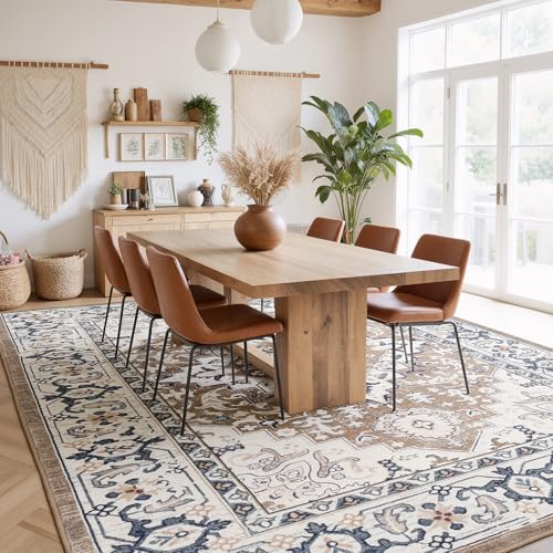 5x7 Washable Rugs, Area Rugs for Living Room, Bedroom, Kitchen, Vintage Boho Carpets, Soft Non-Slip Low Pile Large Area Rug for Dining Room Home Office Indoor Nursery, Brown Cream - color: Brown Cream, size: 5' x 7' (Rectangular)