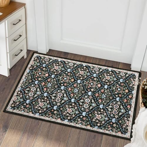 ROYHOME Small Rug Moroccan Trellis Washable Area Rug Doormat Stain Resistant Non-Slip Entryway Rug Distressed Floral Floor Carpet for Indoor Front Entrance Kitchen Bathroom, Black, 2' x 3' - color: Black, size: 2' x 3' (Rectangular)