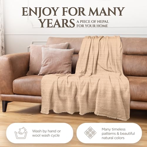 Cashmere Blanket – Hand Woven 100% Pure Wool Throw Blanket, 135 x 270 cm – Herringbone Pattern Cozy, and Soft Blanket for Bed, Sofa, or Couch - Made in Nepal - color: Brown