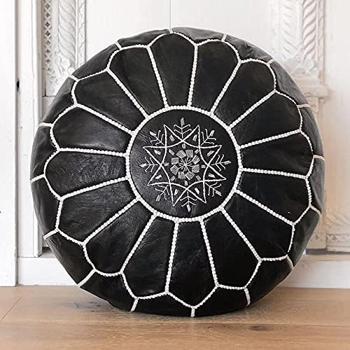 ARTOUARZAZATE Premium Moroccan Leather Pouf Cover, Ottoman Footstool Hassock 100% Real Natural Leather pouffe, Home Gifts, Wedding Gifts, Foot Stool (Black by White)