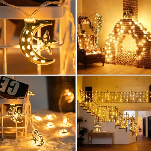 Vigdur Ramadan String Lights - 20 LEDs Eid Mubark Moon Star Fairy Lights Battery Operated with Timer, Ramanda Decoration Light for Eid Al Adha Ramadan Home Decor, 10FT - color: Moon Lights