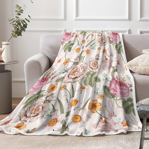 Botanical Floral Blankets Pink Floral Throw Blanket, Soft, Flannel, Warm, Spring Watercolor Floral Throw Blankets, Boho Flowers Aesthetic Bed Throws for Couch Bedroom Living Room 60X70 Inch - color: Pink-1, size: 60 X 70