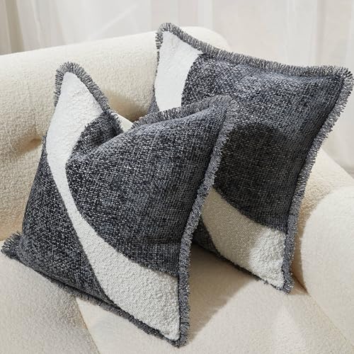 Decorative Boucle Fringe Throw Pillow Covers Set of 2, 18x18 Inch Design Couch Throw Pillows for Sofa Bed Living Room Decor (Dark Grey, 18"X18" (Pack of 2)) - color: Dark Grey