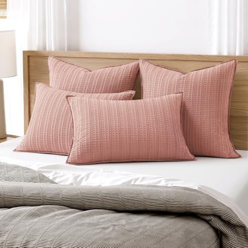 Set of 2 Decorative 100% Cotton Waffle Euro Sham Pillow Covers 24x24, Neutral Throw Pillows Weave European Cushion Cases for Couch Sofa Bed Modern Farmhouse Home Decor Valentines Day, Pink - color: Pink, size: 24" x 24" (Pack of 2)