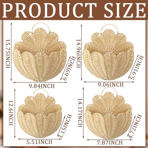 Domensi 4 Pcs Scalloped Wall Baskets Hanging Baskets 4 Different Sizes Large and Small Hand Woven Plastic Rattan Craft Original Storage Holder Scalloped Decor for Nursery Home House Bathroom
