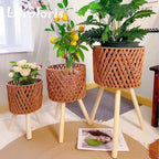 Bohemian 3-Piece Rattan Plant Stand Set - Handwoven Wicker Flower Pot Holder with Tripod Base, Sturdy Mid-Century Modern Plant Shelf for Indoor/Outdoor Use (E(3-Packs) Flowerpot)
