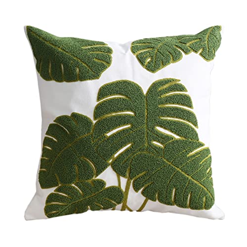 Embroidery Throw Pillow Cover 18x18 Green 7 Tropical Monstera Leaves Loop Plant Floor Pillow Cover for Couch Gift 100% Cotton Decorative Cushion Cover Home Décor Pillow Case 45x45cm, 1 Piece - color: 7 Green Monstera