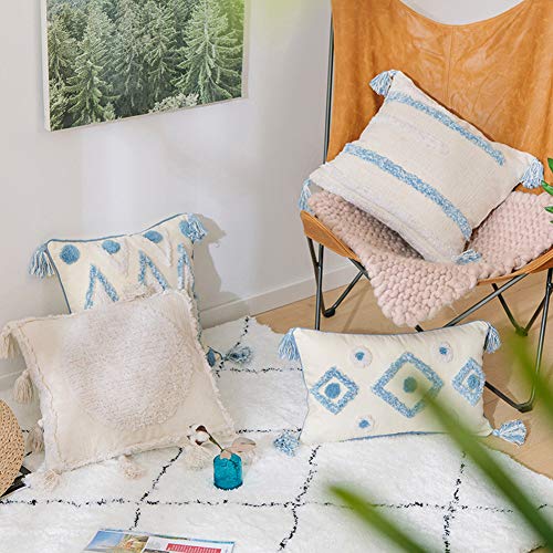 vctops Morocco Boho Geometric Tufted Throw Pillow Covers Soft Farmhouse Woven Tassel Accent Pillow Cases Modern Tribal Textured Decorative Square Cushion Cover (Beige,18"x18") - color: Beige, size: 18" x 18" (Pack of 1)