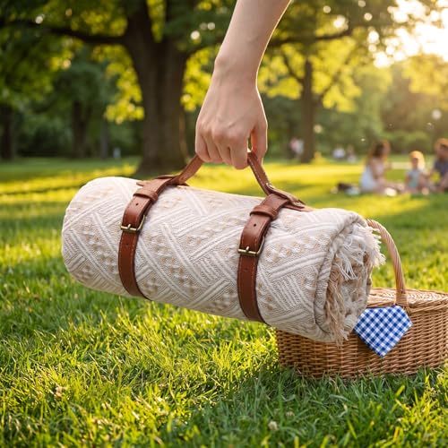Frienda 70 x 120 Inch Extra Large Brown Outdoor Picnic Blanket Woven Cotton Yarn Blanket with Fringe and Leather Storage Strap Boho Decor for 8 to 12 Camping Lawn Wedding Photoshoot Beach Park Grass - color: Brown, size: 70 x 120 Inch