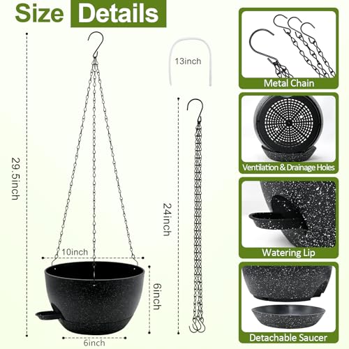 WOUSIWER Self Watering Hanging Planters, 2 Pack 10'' Plastic Pots with Drainage Holes & Reservoir Tray (Speckled Black) | Indoor & Outdoor Use for Ferns, Ivy, Herbs, Succulents - color: Black Speckled, size: 2 Pack 10 inches