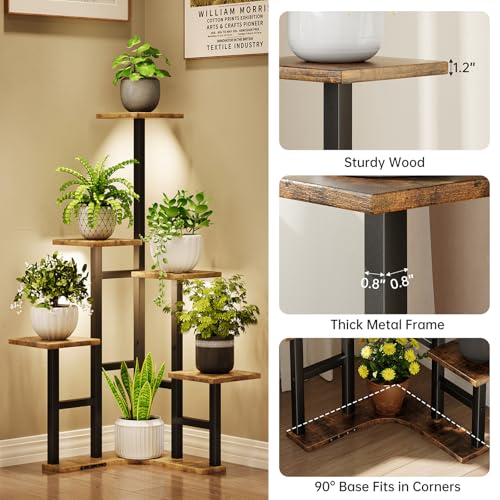 Yzosvki Corner Plant Stand Indoor with Grow Lights, 6 Tiered Corner Plant Shelf Flower Stand for Multiple Plants, Plant Shelves Organizer Rack for Living Room, Balcony, Patio, Square Rustic Brown - color: Square-Rustic Brown(with Lights), size: 6 Tier