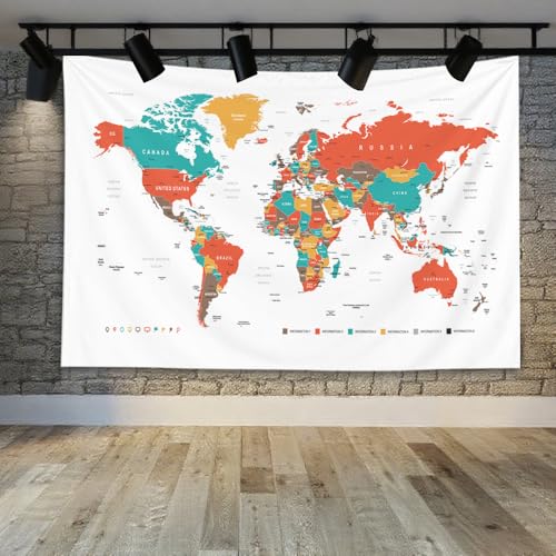 CAPSCEOLL College Wall Decor, Cute World Map Tapestry 60X50 Inches, Red Hanging Map Tapestry - color: White Orange, size: 60"L x 50"W