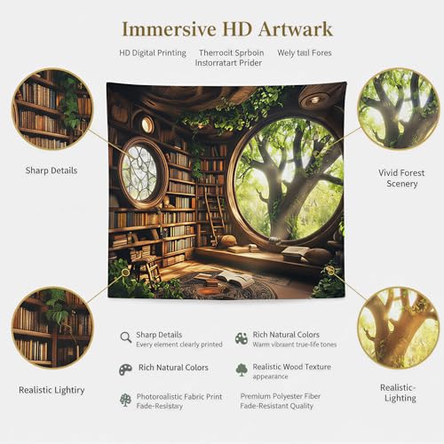 RichIdeas 80x60 Inches Tree Bookshelf Tapestry Window Tapestries Treehouse Tapestries Reading Blanket Decor for Windowless Office Room Bedroom Living Room Home Decor RITADJ1319 - color: Yellow-1, size: 80"L x 60"W