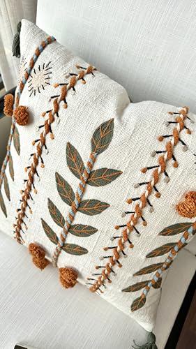 Burnt Orange Hand Embroidered 20x20 Throw Pillow Cover - Ivory Botanical Cushion Cover for Sofa Couch Living Room - Folk Boho Farmhouse Decor - Saloni - color: Burnt Orange-saloni, size: 20" x 20" (Pack of 1)