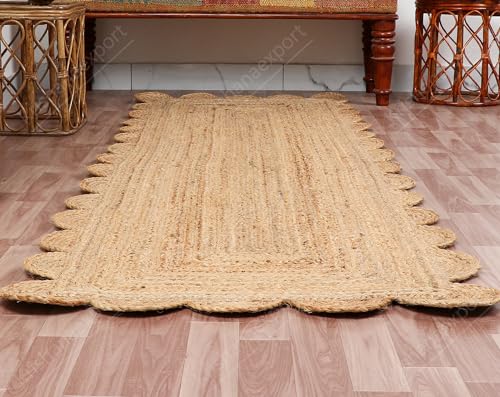 Hand Woven Natural Jute Scalloped Rug, Reversible Boho Entry Area Rugs for Kitchen, Living Room, Farmhouse Indoor Outdoor Decorative Floor-Rug, Bohemian Style Size 2x6 Ft - size: 3' x 5'