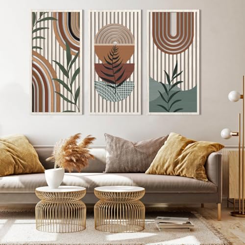 IARTTOP Large Boho Wood Wall Art 16x32 Inch Mid Century Modern Bohemian Wooden Wall Decor Brown Minimalist Geometric Plant Decor for Bedroom Living Room Dining room Set of 3 - color: Brown mid-modern century, size: 16 x 32 inches