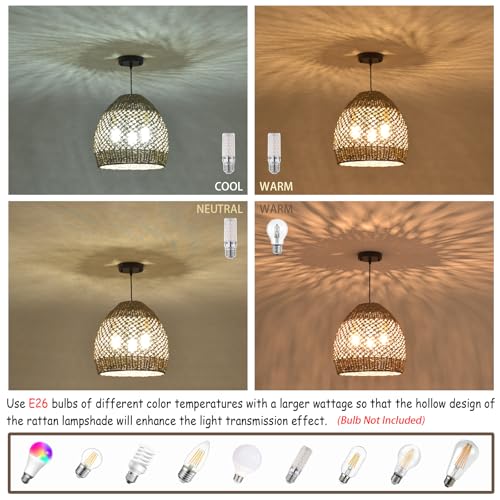 Rattan Pendant Light 13.39" Boho Coastal Hanging Wicker Hand-Woven Seagrass Chandelier for Kitchen Islands Farmhouse 3-Light - size: 3-Light 13.39 inch