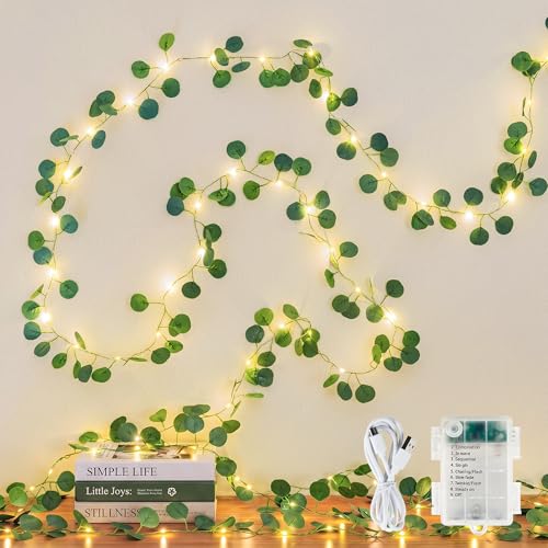 HEYFUNi 23FT Eucalyptus Garland with Fairy Lights, USB & Battery | 73 LEDs, remote timer memory, 8 modes, greenery leaf vine lights for bedroom, wall, wedding, party, summer dorm decor - color: Eucalyptus, size: 73 LED-USB & Battery