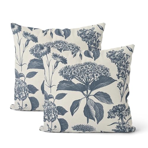 Navy Blue Pillow Covers 16x16 Inch 2 Pcs Boho Vintage Floral Decor Throw Pillows Hydrangea Flower Seasonal Outdoor Farmhouse Neutral Accent Decoration Pillowcase Linen Cushion Cover for Couch - color: Boho Blue Hydrangea, size: 16" x 16" (Pack of 2)