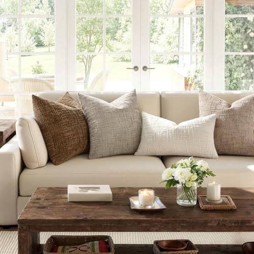 MIULEE Textured Throw Pillow Covers Thick Chenille Decorative Pillows Light Brown 18x18 Inch Set of 2 Modern Boho Farmhouse Home Decor Neutral Cushion Covers for Couch Sofa Living Room Bedroom - color: Light Brown, size: 18" x 18" (Pack of 2)