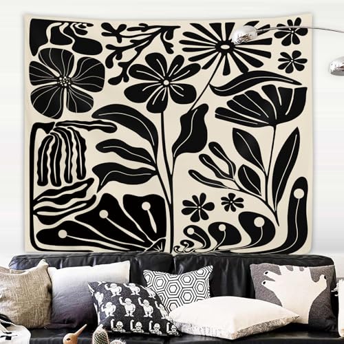 Yookeb Black Matisse Flower Tapestry 59W by 51H Inch Wall Hanging Abstract Vintage Leaves Aesthetic Retro Art 70s Modern Bedroom Living Room Dorm Polyester Fabric Home Decor - color: Black Matisse, size: 59"L x 51"W