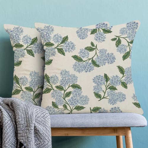 AEIOAE Spring Pillow Covers 16x16 Inch Set of 2, Green Blue Hydrangea Flower Throw Pillows Case,Floral Summer Outdoor Seasonal Decorative Farmhouse Decor Cushion Covers for Home Sofa Bed Couch - color: Hydrangea, size: 16" x 16" (Pack of 2)