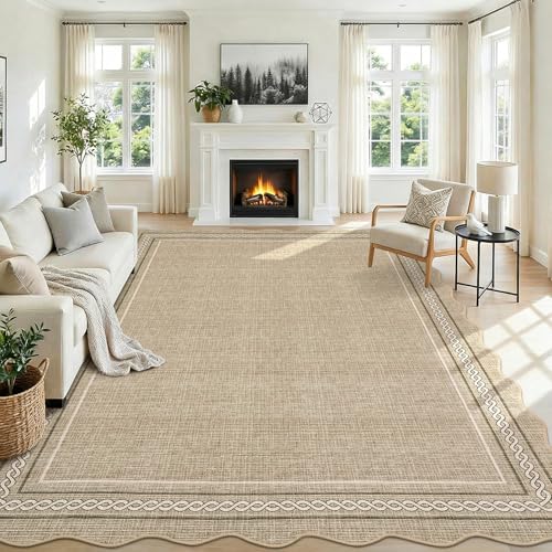GarveeHome Washable Area Rugs 9x12 Living Room Rug Scalloped Jute Printed Non Slip Soft Bedroom Rugs Low Pile Foldable Large Rug Stain Resistant Carpet for Nursery Dining Room Classroom, Jute - color: Jute Color, size: 9' x 12' (Rectangular)
