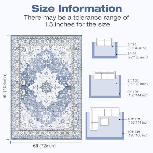 6x9 Area Rugs for Living Room, Machine Washable Boho Vintage Rug, Waterproof Surface & Non-Slip Backing, Foldable Soft Low Pile Floral Medallion Carpet for Bedroom Dining Room - color: Blue/Cream, size: 6' x 9' (Rectangular)