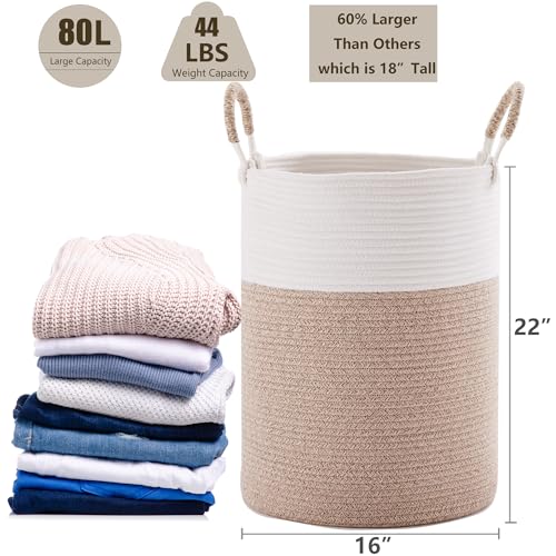 80L Extra Large Laundry Hamper Basket Tall Woven Rope Clothes Hamper Blanket Basket for Living Room Bathroom Bedroom Brown 16"L x 16"W x 22"H - color: Brown1, size: Extra Large (80L)