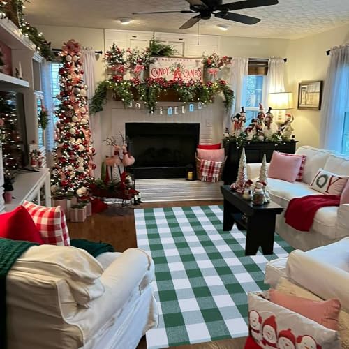 Green & White Christmas Plaid Rug, 4' x 6' Check Indoor/Outdoor Area Rug, Hello/Welcome Door Mat Layering Rug, Machine Washable Cotton Woven Rugs for Farmhouse Front Porch, Entryway - color: Green and White Plaid, size: 4' x 6' (Rectangular)
