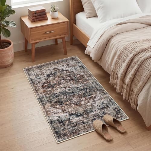 GarveeHome Washable Area Rug 2x3 Entryway Rug Vintage Distressed Small Rugs Floral Doormat Non Slip Low Pile Throw Carpet for Bedroom Kitchen Laundry Brown - color: Brown, size: 2' x 3' (Rectangular)