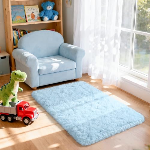 Merelax Fluffy Rug Shaggy Area Rug, Baby Blue 2x3 Small Rugs for Bedroom, Mini Fuzzy Plush Kids Bedside Rug, Soft Non-Slip Entryway Throw Rugs Shag Catpet for Living Room Nursery Room Home Decor - color: Baby Blue, size: 2' x 3' (Rectangular)