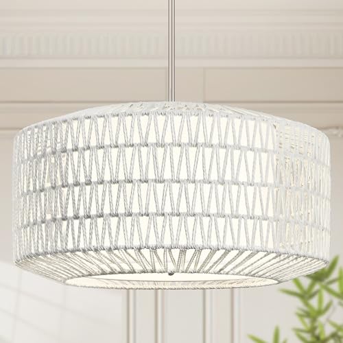 23 inch White 5 Light Rattan Light Fixture Woven Pendant Lights Rattan Farmhouse Chandeliers Fabric Shade Boho Chandelier for Dinning Room Kitchen - color: 23"-White-Prism