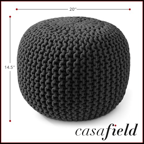 Casafield Round Pouf Ottoman, Black - 20" Diameter x 14.5" High Cotton Knit Foot Stool - Boho Floor Pouffe for Living Room, Bedroom, Home Office - color: Black, size: 20"D x 20"W x 14.5"H