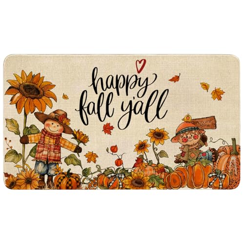 Fall Door Mat Outside,Happy Fall Y'all Scarecrow Pumpkins Welcome Mat for Front Door,Thanksgiving Autumn Doormat Indoor Outdoor Non-Slip Rugs for Farmhouse Home Porch Decorations 30" x 17" - color: Fall 5