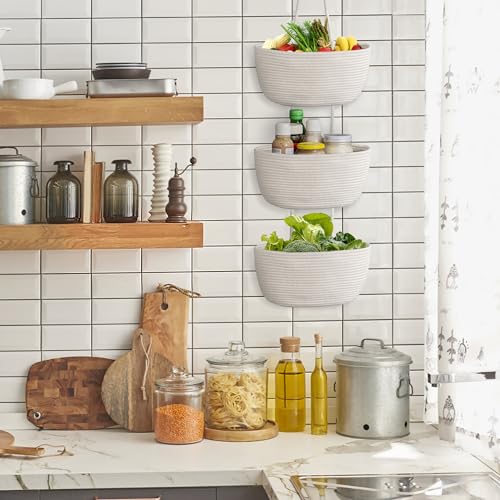 3 Tier Wall Mounted Woven Hanging Basket, Over the Door Hanging Basket with Hooks, Decorative Storage Hanging Closet Removable, Large Wall Basket for Living Room, Bedroom, Kitchen (Brown) - color: Brown