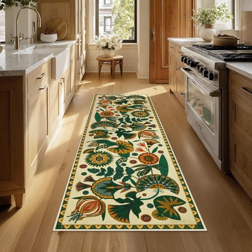 Joydeco Egypt Floral Boho Rug Runners for Hallways Entryway Non Slip, 2x6 Bathroom Kitchen Runner Rugs Non Skid Washable, Vintage Beige Carpet for Entrance Laundry Room Bed Beside - color: Beige, size: 2' x 6' (Runner)