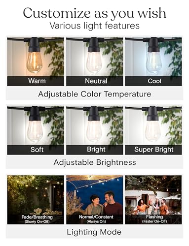Brightech 48 (42+6) FT Ambience Pro Outdoor Solar String Lights - Bright Remote Control Color Adjustable Solar Light - Commercial Grade, 15 Waterproof LED Bulbs for Patios, Camping, Yard, Outside - color: Super Bright +, size: 48 Feet