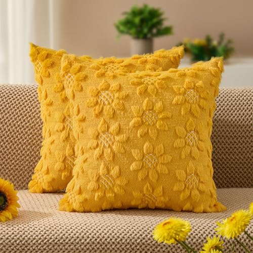 DFXSZ Spring Summer Pillow Covers 16x16 inch Set of 2 Farmhouse Decor White Flower Heart Sunflower Yellow Soft Plush Faux Fur Jacquard Throw Pillows for Sofa Holiday Spring Home Decor PTK024D16 - color: Yellow, size: 16" x 16" (Pack of 2)