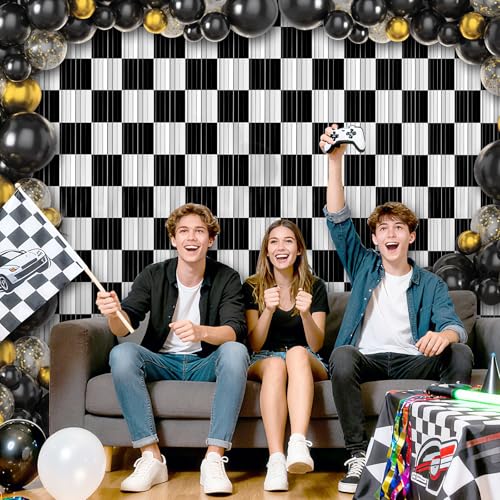 Crosize 2 Pack 3.3 x 9.9 ft Race Car Party Decorations Fringe Curtains, Black & White Tinsel Curtain Backdrop for Parties, Door Streamers, Glitter Streamer Backdrop for Birthday Decoration - color: Black & White, size: 2 Pack