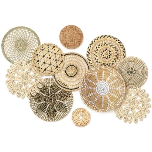 Tatuo 11 Pcs Boho Wall Basket Decor Bulrush Woven Wall Hanging Art Round Farmhouse Rustic Handmade Wicker for Summer Home, Bedroom, Living Room, Kitchen Decorations, Multi Sizes(Vivid) - style: Vivid