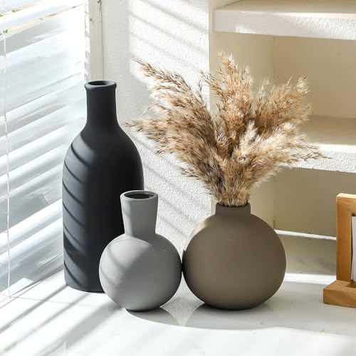 Ceramic Vase Set of 3 | Neutral Vases Home Decor | Modern Flower Pottery Vases Rustic Farmhouse Vase for Table Entryway Mantel Centerpiece Bookshelf Living Room Bathroom Bedroom -Multicolor Large - color: 001-multicolor-larger
