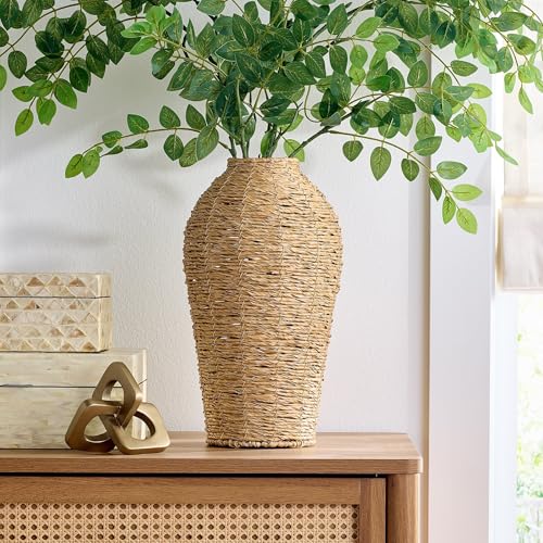 15" Woven Faux Seagrass Floor Vase – Large Decorative Planter, Indoor Greenery Display
