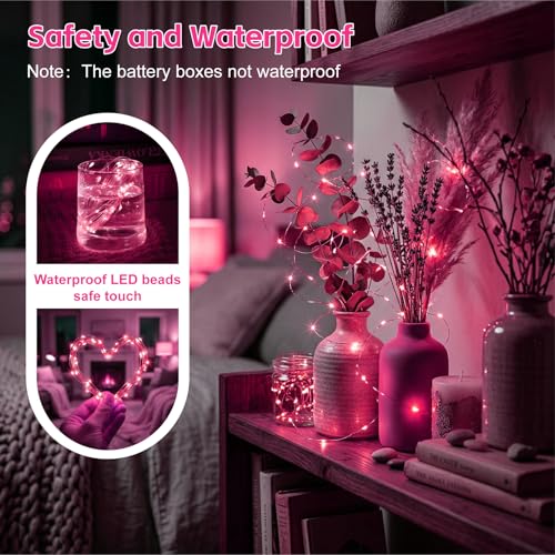 8 Pack Rechargeable LED Fairy Lights 7Ft 20LED Battery Operated with Remote, DIY Timer & 8 Modes, Mini Twinkle String Lights for Indoor Christmas Wedding Mason Jar Bedroom Party Table (Pink) - color: Pink