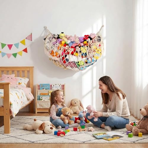 Stuffed Animal Net or Hammock XL for Flat Wall Mounted Handmade Macrame Toy Display Hanging Plush Toy Net for Stuff Animal Storage(Cream) - color: Cream for Wall, size: 60" W