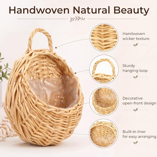 Chumia 2 Pack Wicker Hanging Basket 14" and 8" Handmade Woven Wall Hanging Basket for Plant Decorative Boho Mounted Rattan Planter Organizer for Garden Farmhouse Decor Home Front Door Flower Storage